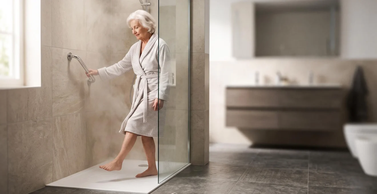 Personne âgée entrant sereinement dans une douche à receveur extra-plat sans seuil, illustrant un accès PMR sécurisé