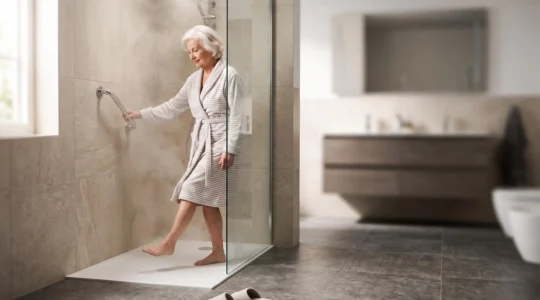 Personne âgée entrant sereinement dans une douche à receveur extra-plat sans seuil, illustrant un accès PMR sécurisé
