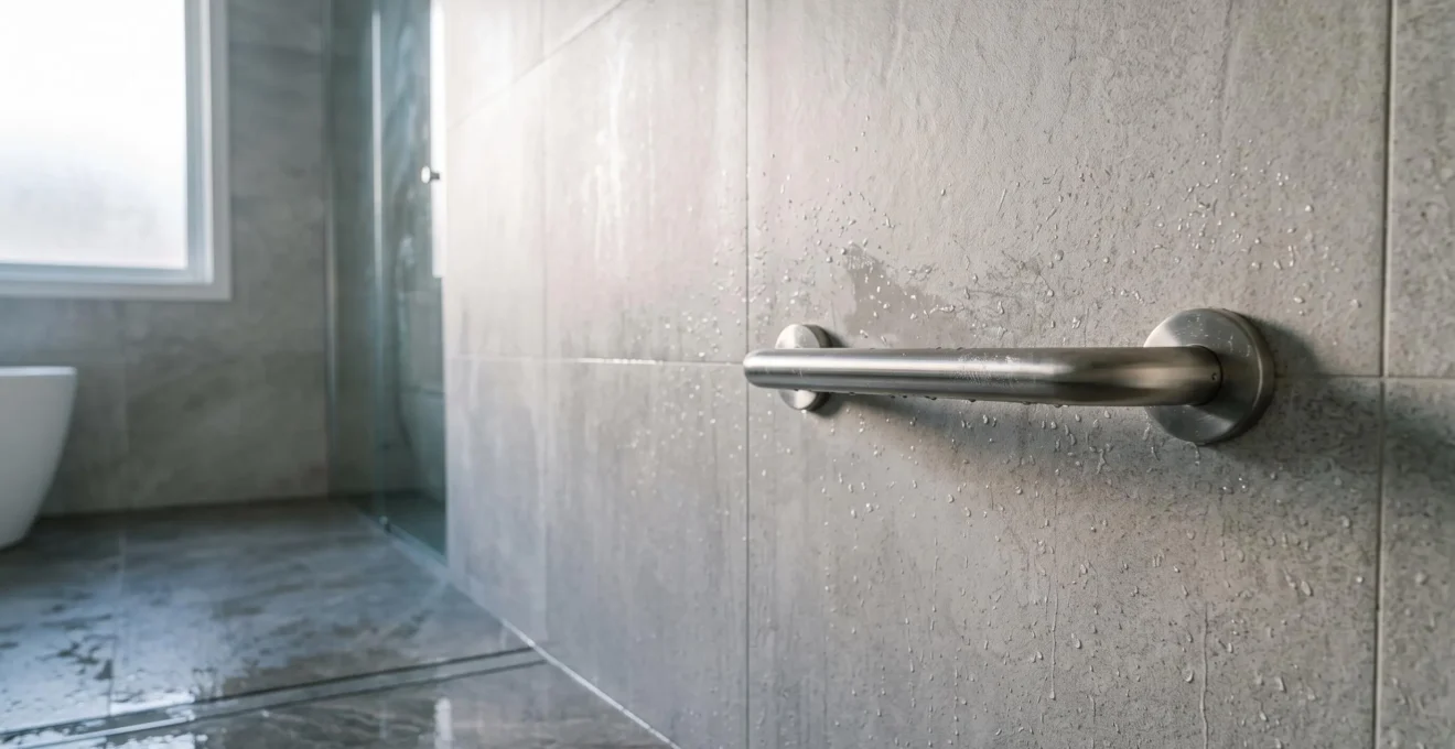 Barre d'appui inox fixée solidement au mur d'une douche moderne et épurée