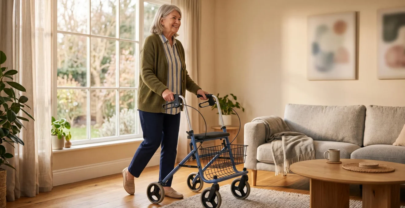 Une personne âgée souriante traverse son salon lumineux avec un déambulateur moderne, illustrant l'autonomie retrouvée à domicile