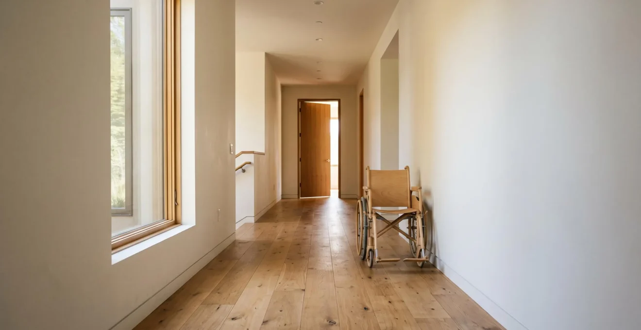Couloir intérieur lumineux et large permettant le passage fluide d'un fauteuil roulant
