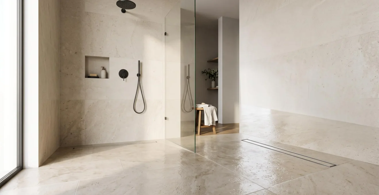 Salle de bain epuree avec douche a l'italienne de plain-pied et sol legerement incline vers l'evacuation, sans marche ni rebord