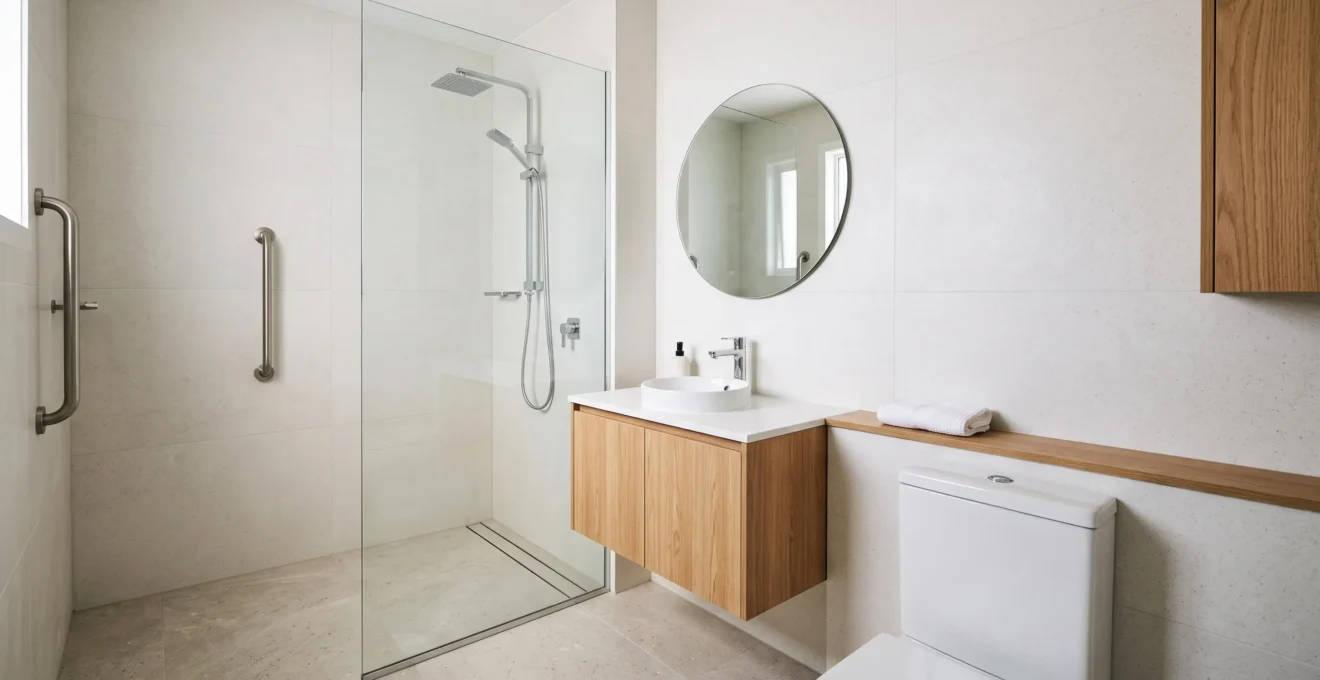 Petite salle de bain PMR de 4 m² avec douche a l'italienne epuree, accessible et lumineuse