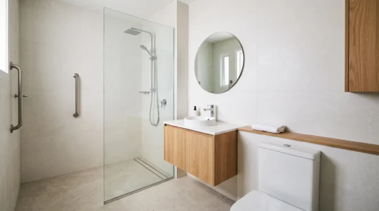 Petite salle de bain PMR de 4 m² avec douche a l'italienne epuree, accessible et lumineuse
