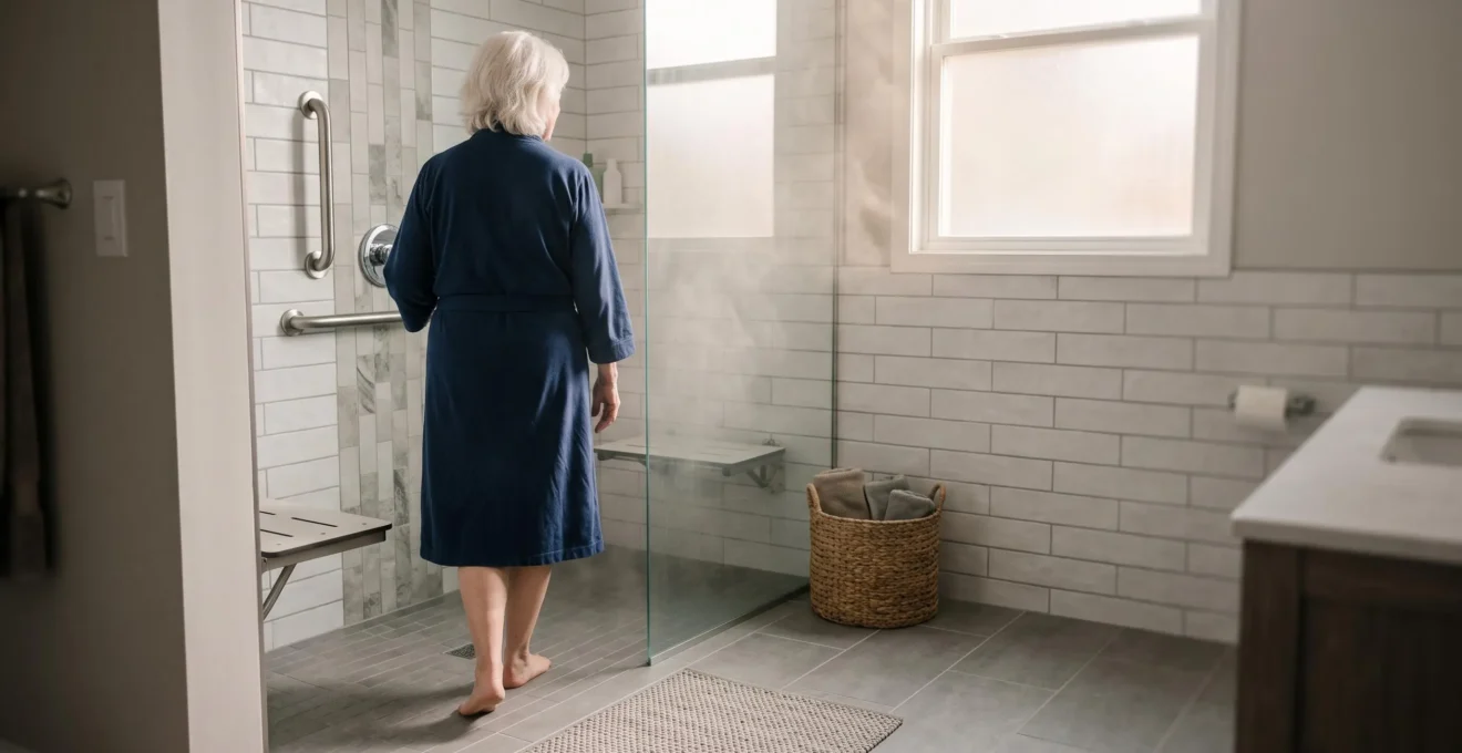 Salle de bain rénovée avec douche accessible de plain-pied conçue pour une personne à mobilité réduite