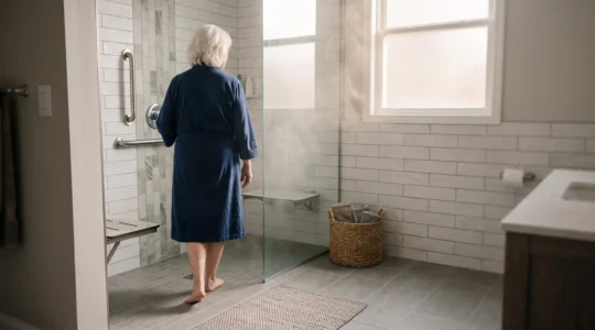 Salle de bain rénovée avec douche accessible de plain-pied conçue pour une personne à mobilité réduite