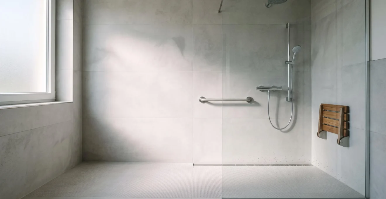 Douche accessible PMR avec sol antidérapant texturé, illustrant le choix entre carrelage, résine et vinyle