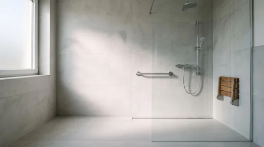 Douche accessible PMR avec sol antidérapant texturé, illustrant le choix entre carrelage, résine et vinyle