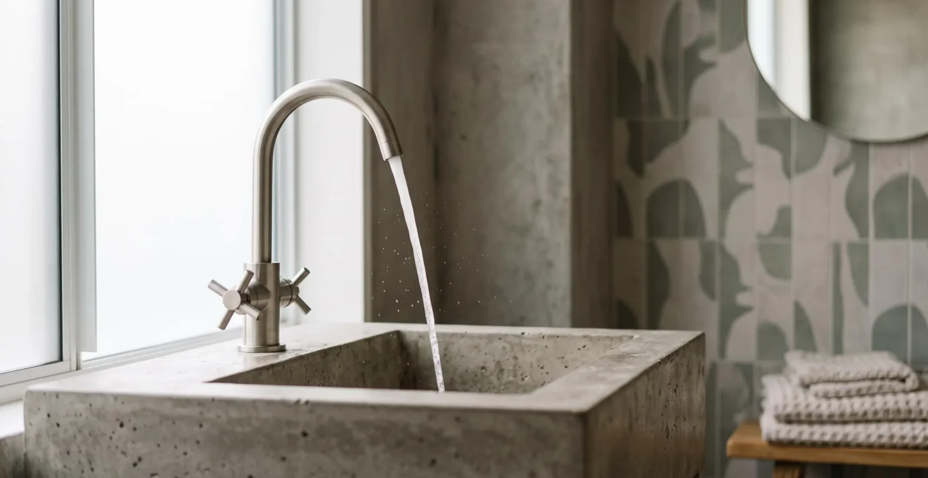 Eau claire s'écoulant d'un mitigeur moderne dans une salle de bain épurée et lumineuse, symbole d'économie d'eau au quotidien