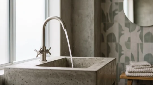 Eau claire s'écoulant d'un mitigeur moderne dans une salle de bain épurée et lumineuse, symbole d'économie d'eau au quotidien