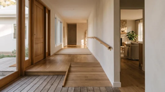 Intérieur de maison lumineux et chaleureux, aménagé pour rester accessible à tous les âges de la vie