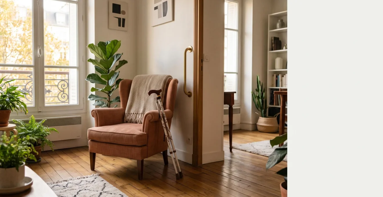 Salon lumineux et chaleureux amenage pour une personne a mobilite reduite, avec barre d'appui discrete et espace de circulation degage