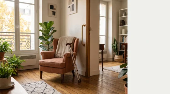 Salon lumineux et chaleureux amenage pour une personne a mobilite reduite, avec barre d'appui discrete et espace de circulation degage