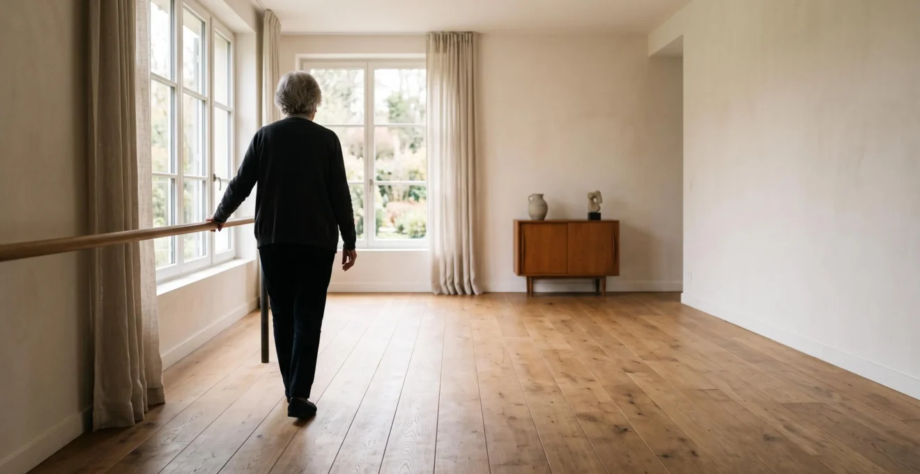 Salon lumineux et épuré aménagé avec des équipements de sécurité discrets pour une personne à mobilité réduite
