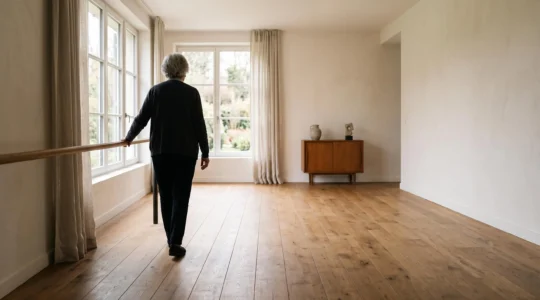 Salon lumineux et épuré aménagé avec des équipements de sécurité discrets pour une personne à mobilité réduite