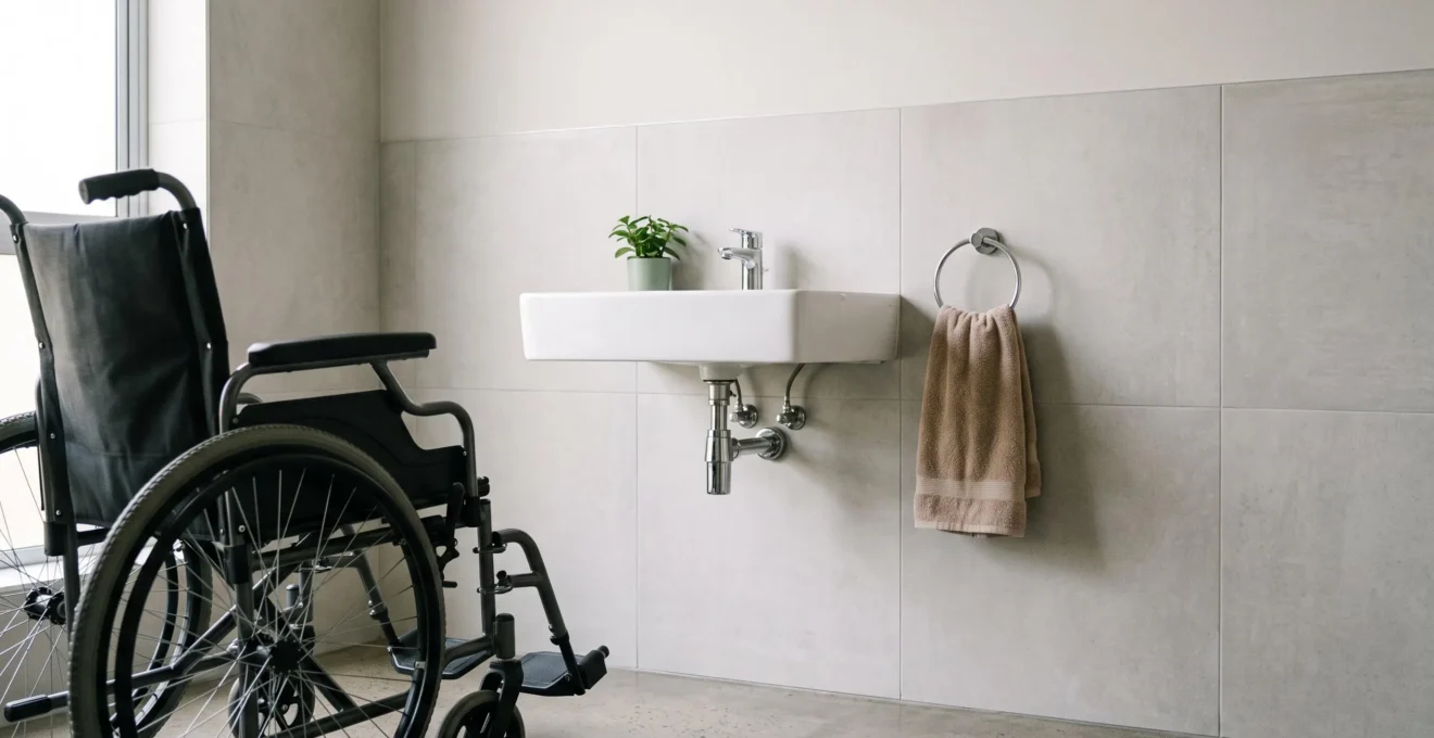 Salle de bain moderne et epuree avec un lavabo suspendu accessible et un fauteuil roulant qui s'approche, lumiere naturelle douce