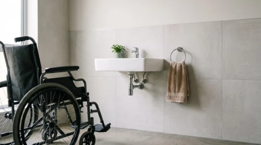 Salle de bain moderne et epuree avec un lavabo suspendu accessible et un fauteuil roulant qui s'approche, lumiere naturelle douce