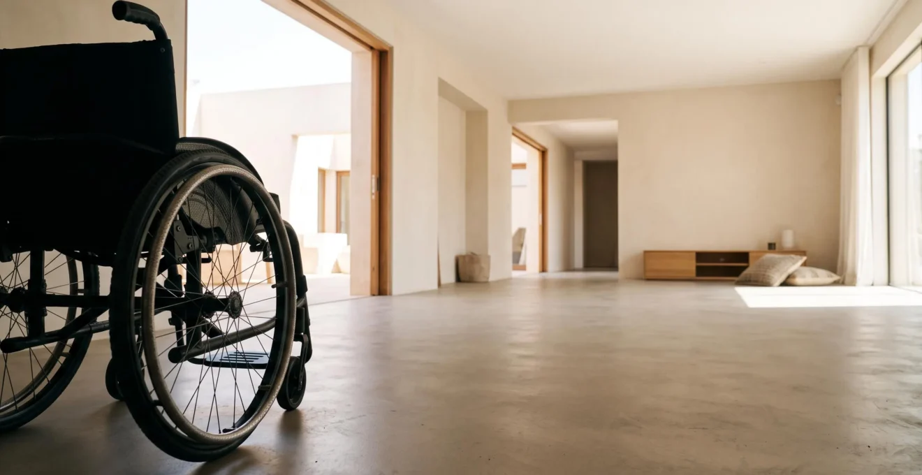 Intérieur de maison lumineux et épuré permettant une circulation fluide en fauteuil roulant, illustrant l'accessibilité domestique