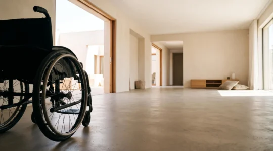 Intérieur de maison lumineux et épuré permettant une circulation fluide en fauteuil roulant, illustrant l'accessibilité domestique
