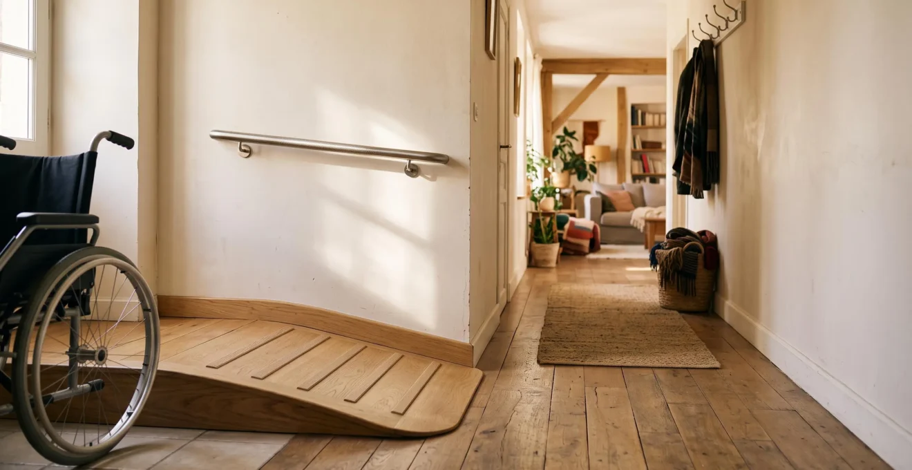 Interieur chaleureux d'une maison adaptee avec rampe d'acces et amenagements pour personne a mobilite reduite