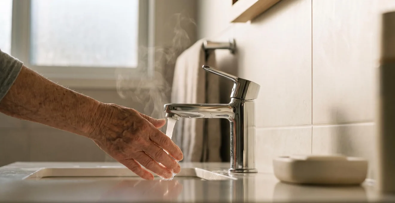 Main ridée d'une personne âgée testant délicatement la température de l'eau d'un robinet dans une salle de bain lumineuse