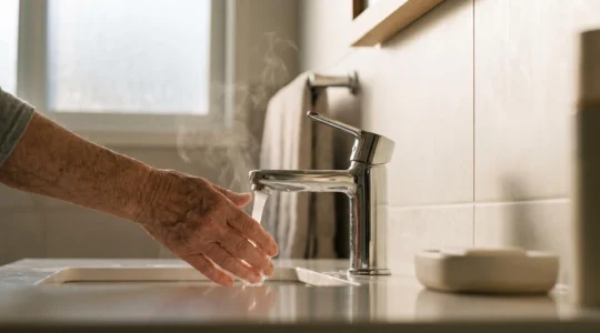 Main ridée d'une personne âgée testant délicatement la température de l'eau d'un robinet dans une salle de bain lumineuse