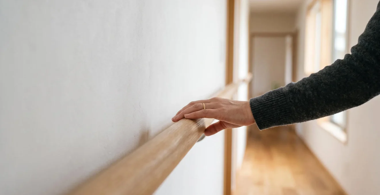 Main glissant naturellement le long d'une main courante continue installée dans un couloir lumineux et épuré d'une maison accessible