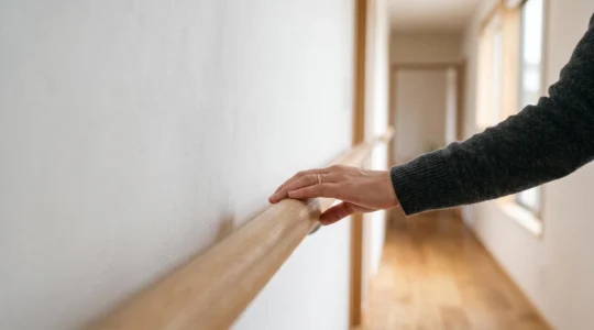 Main glissant naturellement le long d'une main courante continue installée dans un couloir lumineux et épuré d'une maison accessible