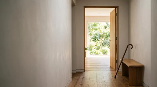 Intérieur chaleureux d'une maison accessible symbolisant la continuité de vie à domicile en avançant en âge