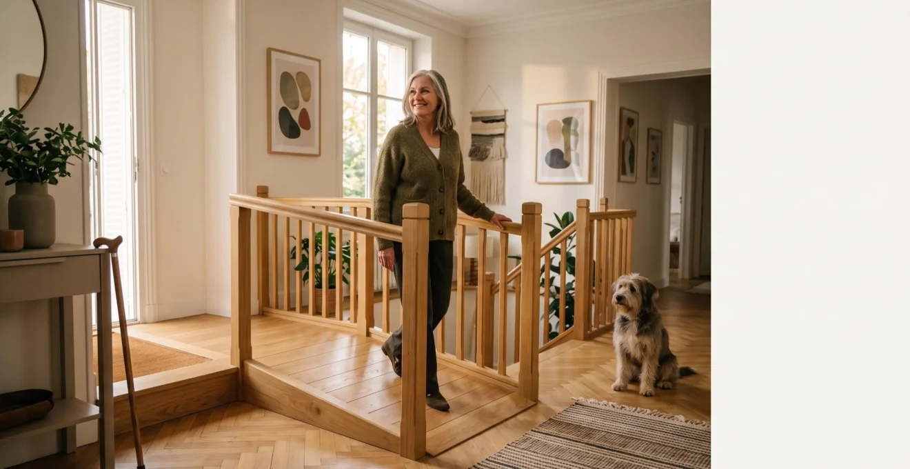 Interieur chaleureux d'une maison familiale avec un espace de circulation large et une rampe d'acces discrete integree a la decoration