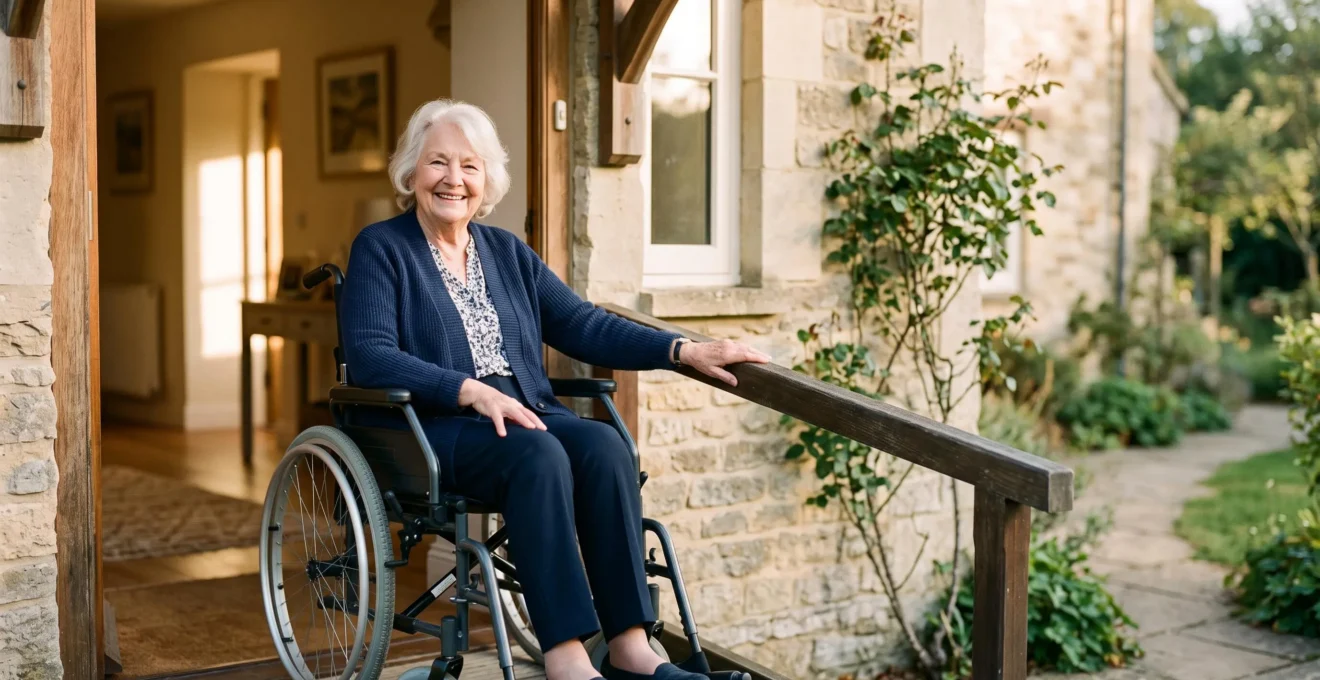 Femme âgée en fauteuil roulant souriant dans l'entrée lumineuse et accessible de sa maison rénovée