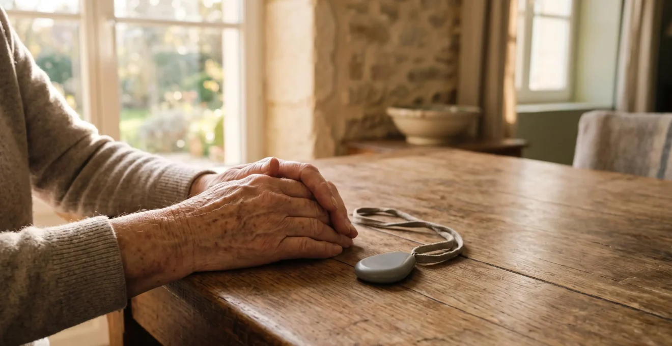 Personne âgée dont les mains reposent près d'un médaillon connecté, symbole du lien de sécurité avec sa famille