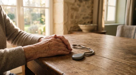 Personne âgée dont les mains reposent près d'un médaillon connecté, symbole du lien de sécurité avec sa famille
