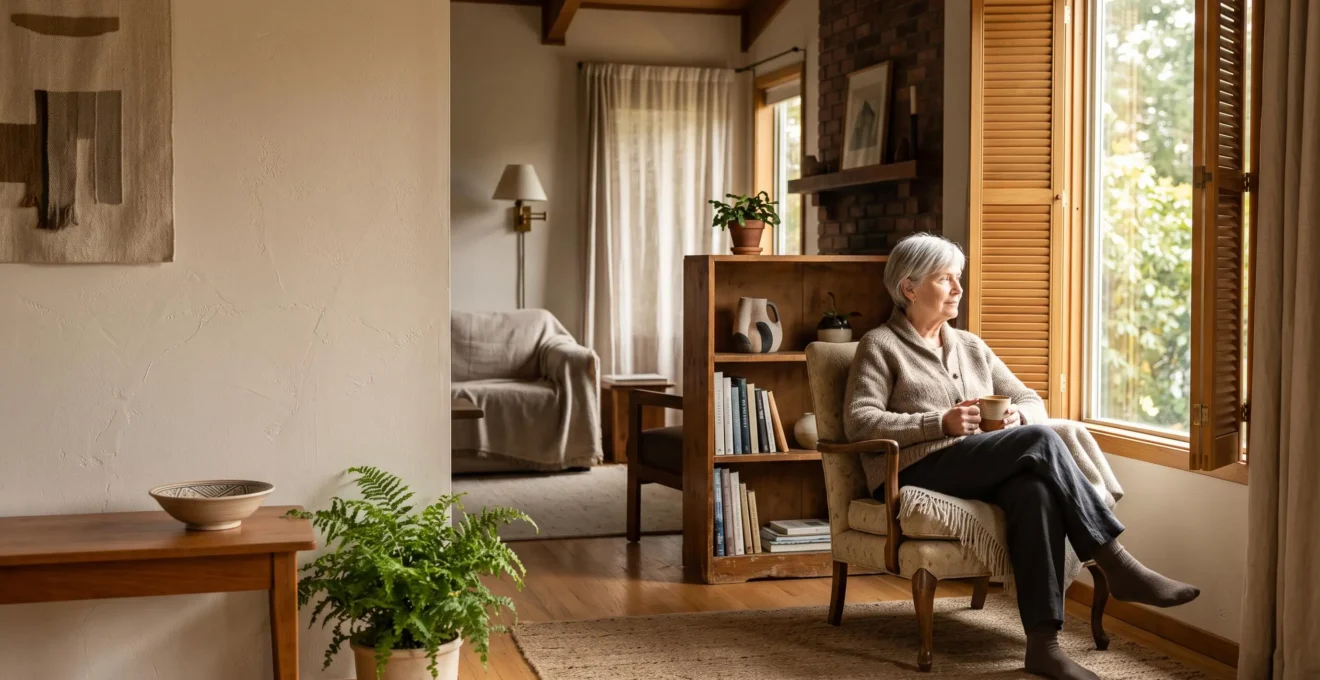 Interieur lumineux et chaleureux d'une maison connectee, illustrant le pilotage serein des volets, du chauffage et des lumieres pour une personne agee