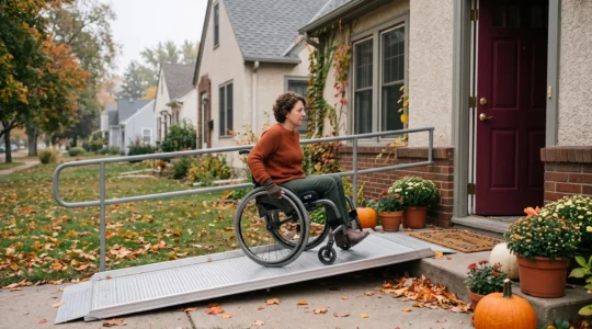 Rampe d'accès PMR en aluminium installée devant l'entrée d'une maison pour franchir une marche de 20 cm en toute autonomie
