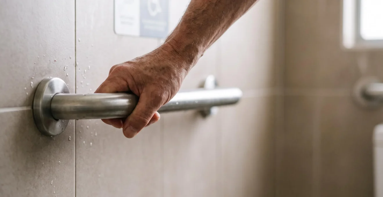 Main posée avec confiance sur une barre d'appui de salle de bain dans un intérieur lumineux et épuré, symbolisant la fiabilité d'un accessoire PMR certifié