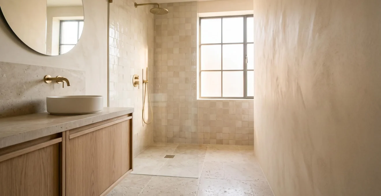 Salle d'eau lumineuse et chaleureuse rénovée pour l'accessibilité, avec douche de plain-pied et matériaux nobles