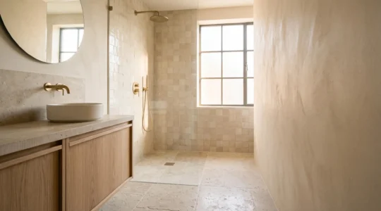 Salle d'eau lumineuse et chaleureuse rénovée pour l'accessibilité, avec douche de plain-pied et matériaux nobles