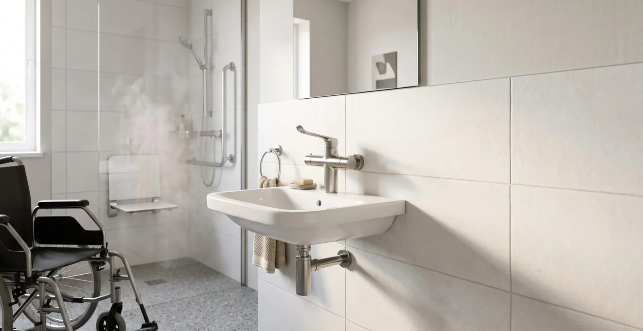 Salle de bain accessible PMR avec mitigeur thermostatique mural moderne protégeant contre les brûlures