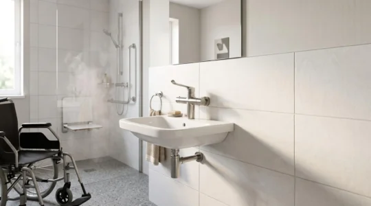 Salle de bain accessible PMR avec mitigeur thermostatique mural moderne protégeant contre les brûlures