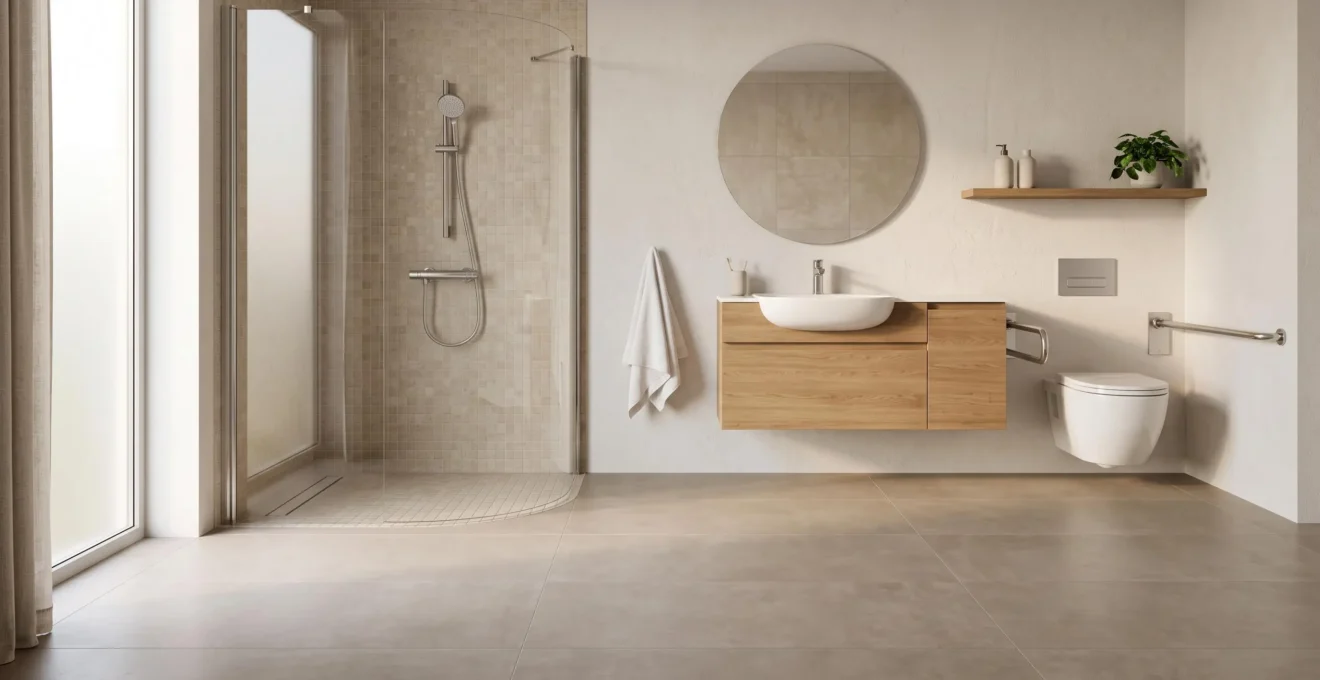 Salle de bain lumineuse et chaleureuse aménagée avec un large espace de circulation pour fauteuil roulant