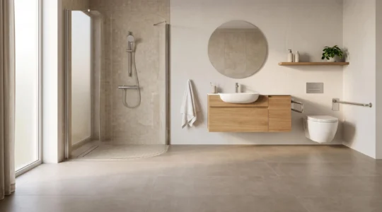 Salle de bain lumineuse et chaleureuse aménagée avec un large espace de circulation pour fauteuil roulant