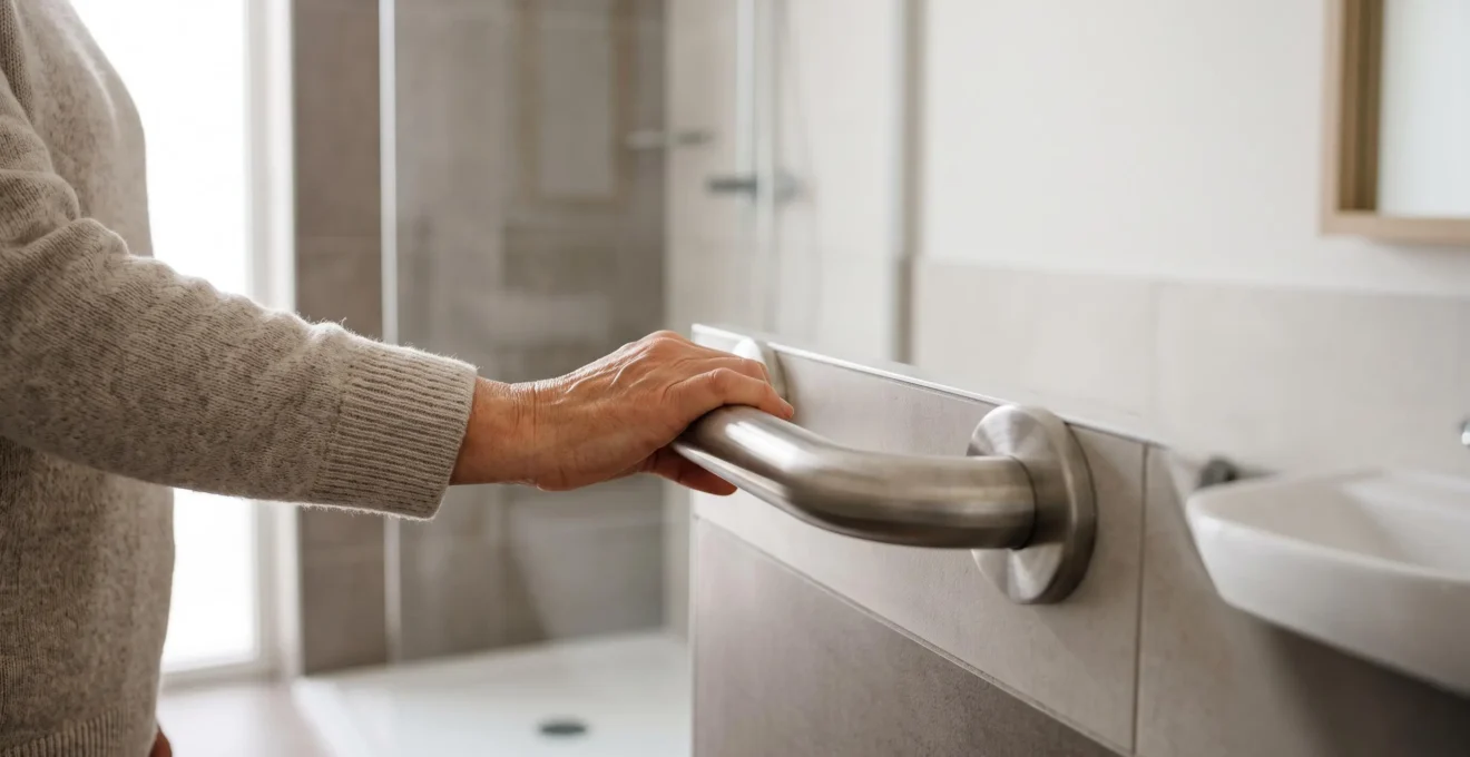 Salle de bain accessible et elegante concue pour l'autonomie complete d'une personne a mobilite reduite