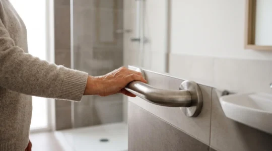 Salle de bain accessible et elegante concue pour l'autonomie complete d'une personne a mobilite reduite