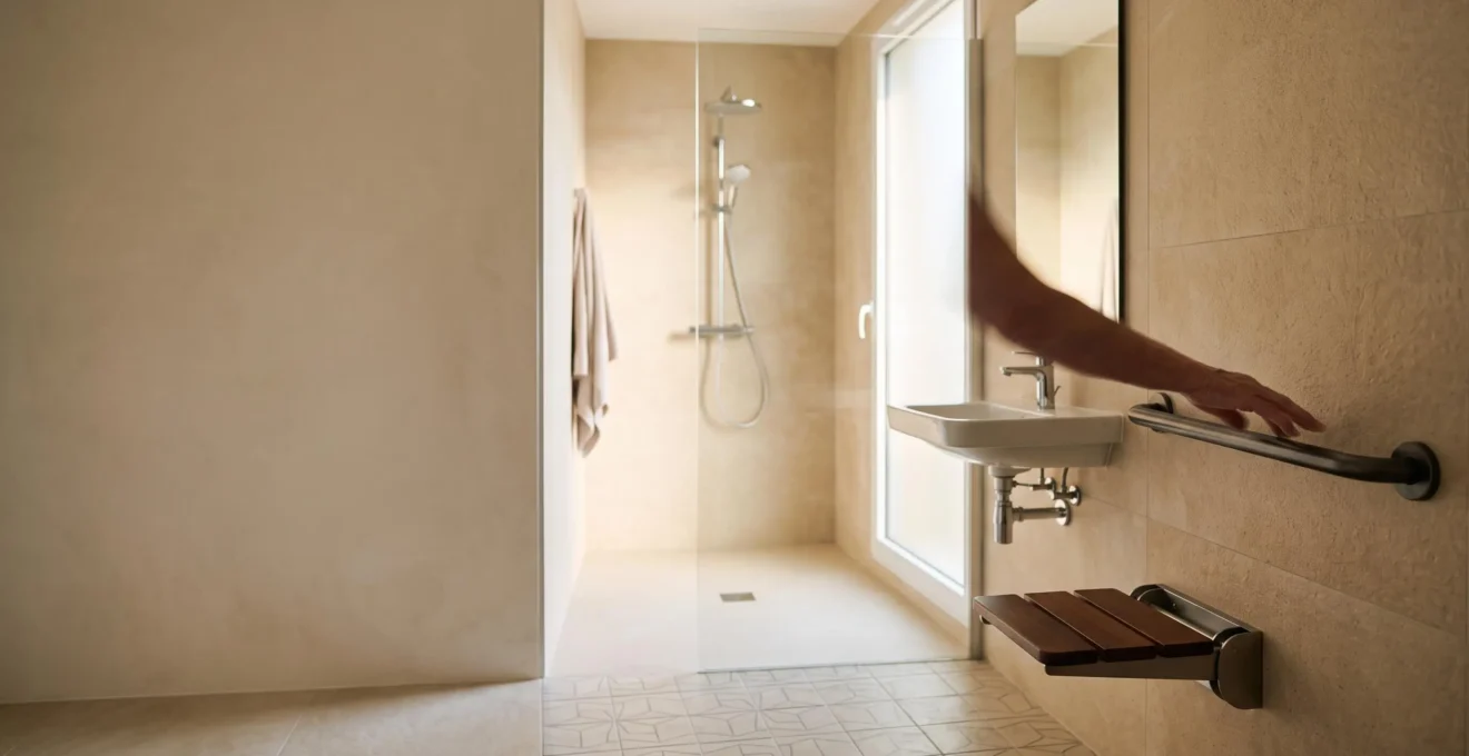 Salle de bain accessible PMR lumineuse avec espace de circulation dégagé et douche de plain-pied