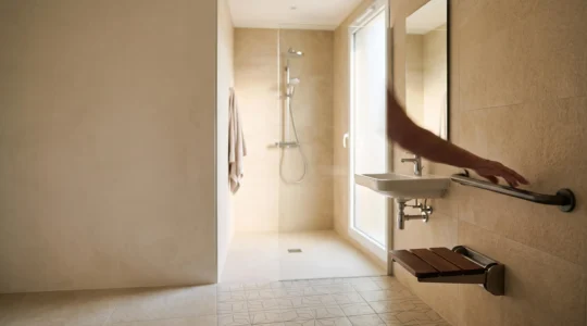 Salle de bain accessible PMR lumineuse avec espace de circulation dégagé et douche de plain-pied