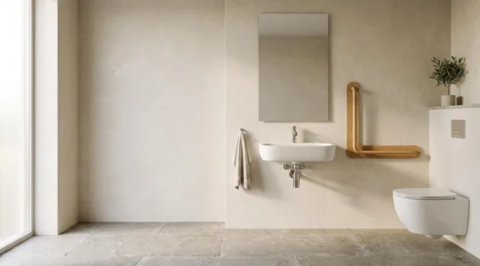 Salle de bain contemporaine et ergonomique alliant confort d'usage et design épuré pour personnes à mobilité réduite