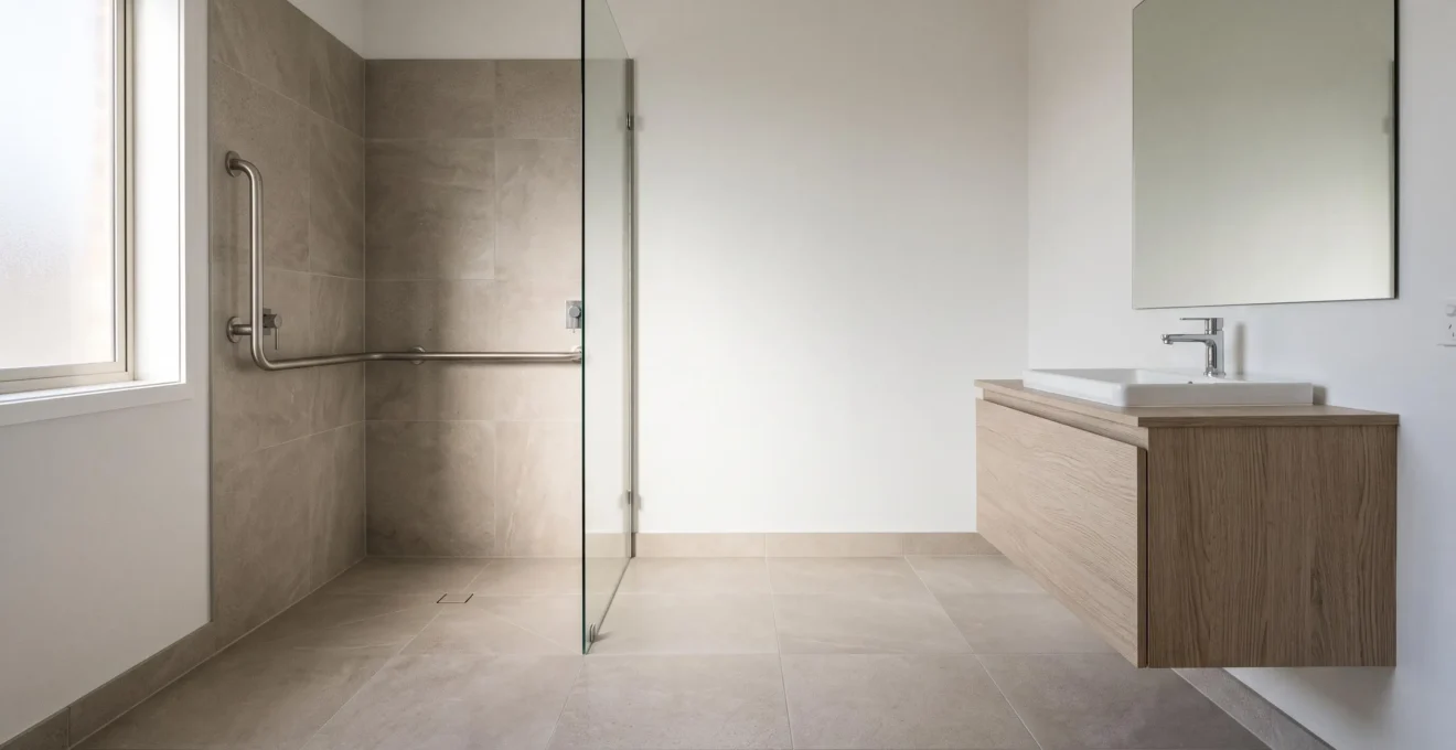 Salle de bain accessible PMR avec matériaux durables, douche à l'italienne et lumière naturelle