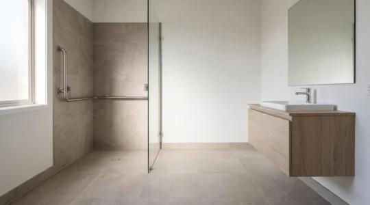 Salle de bain accessible PMR avec matériaux durables, douche à l'italienne et lumière naturelle