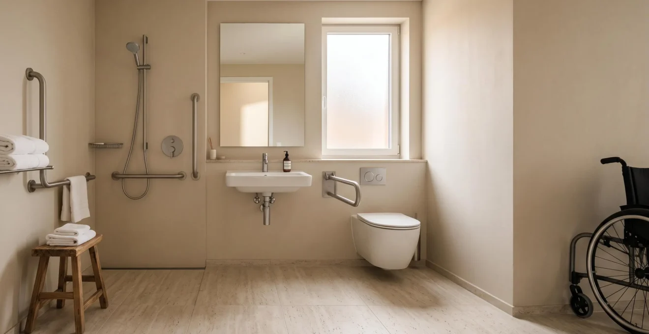 Salle d'eau PMR compacte et lumineuse alliant accessibilité et esthétique chaleureuse